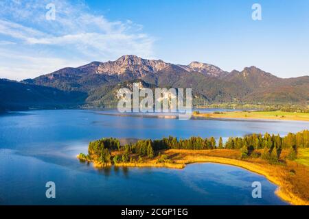 Lake Kochel near Kochel, in the back Herzogstand and Heimgarten, aerial view, Toelzer Land, Upper Bavaria, Bavaria, Germany Stock Photo