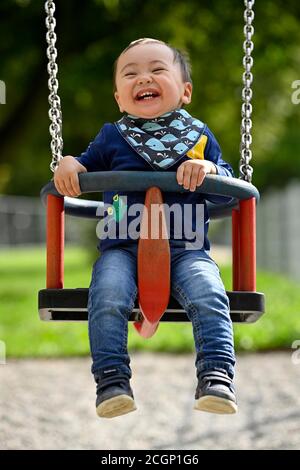 Toddler, boy, 14 months, multi-ethnic, on children's swing, laughs, Blaubeuren, Baden-Wuerttemberg, Germany Stock Photo