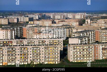 Prefabricated housing in Berlin-Hellersdorf, 1990, Berlin, Germany Stock Photo