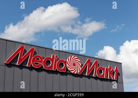 Media Markt, logo on building, consumer electronics chain, formerly Metro AG, today Ceconomy, Duesseldorf, North Rhine-Westphalia, Germany Stock Photo