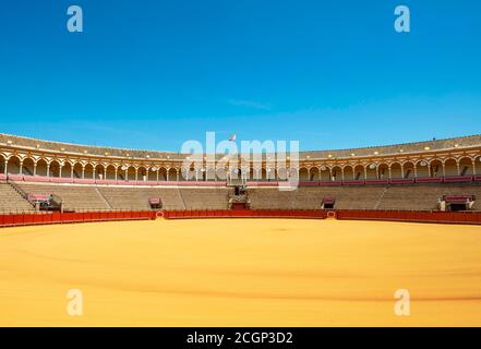 Empty bullring, Plaza de Toros de la Real Maestranza de Caballeria, Seville, Spain Stock Photo