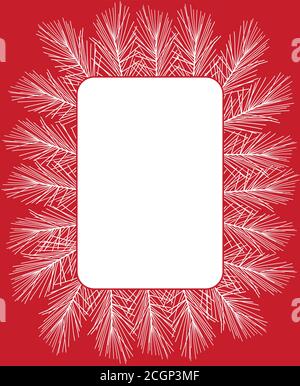 White fir tree branches on a red background with copy space inside. Template of christmas greeting card, Stock Vector