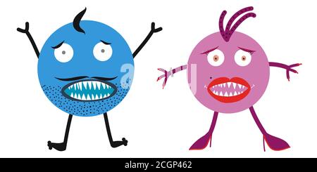 Monsters family. Angry and scared husband and wife. Isolated character on a white background. Good as microbe, bacteria, virus, family problems. Stock Vector