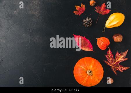 Autumn, Halloween or Thanksgiving composition made of autumn leaves, flowers, pumpkin on black background. Vintage toning. Flat lay, top view with cop Stock Photo