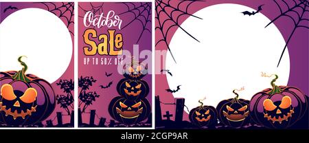 halloween pumpkin set with funny scary faces, template for stories and social media posts, Mockup for advertising. Set of stories and post frames. spa Stock Vector