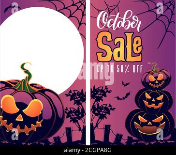 halloween pumpkin set with funny scary faces, template for stories and social media posts, Mockup for advertising. Set of stories and post frames. spa Stock Vector