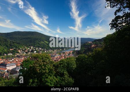 Heidelberg skyline aerial view from above. Heidelberg skyline aerial view of old town river and bridge, Germany. Stock Photo