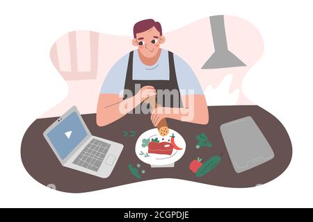 Man cooking meat beefsteak for dinner at home, watching a tutorial video on his laptop, culinary broadcast with recipe, vector illustration, cartoon Stock Vector