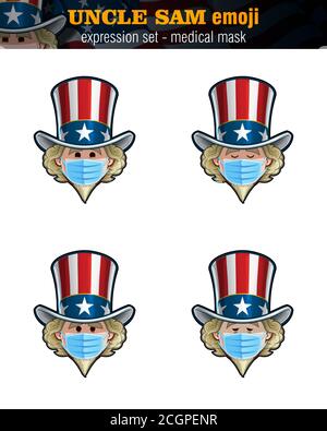 Vector illustrations Set of cartoon Uncle Sam Emoji, wearing surgical mask. Four expressions, happy, serous, concerned, sick – ill. Elements on well-d Stock Vector