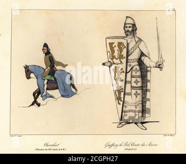 Knight on horesback in helmet and hauberk (from an 11th century psalter) and Geoffrey V with shield with four lions rampant. Geoffrey V (1113-1151), the Handsome, the Fair or Plantagenet, Count of Anjou, Duke of Normandy. Chevalier (Psautier du XIe siecle, BDM), Geoffroy le Bel, Comte du Maine (Roger de Gaigneres). Handcoloured lithograph by Villain after an illustration by Horace de Viel-Castel from his Collection des costumes, armes et meubles pour servir à l'histoire de la France (Collection of costumes, weapons and furniture to be used in the history of France), Treuttel & Wurtz, Bossange, Stock Photo