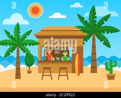 Beach bar. Exotic summer restaurant on sea coast. Beach bar with cocktails, fruit shakes, alcohol drinks. Summer party. Summer holiday and vacation Stock Vector