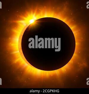 Sun eclipse with corona. Solar eclipse. Bright red star light shine from the edges of a planet. Space background. Vector Illustration Stock Vector