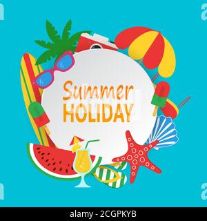 Summer time concept with white circle for text and colorful beach elements. Summer holiday design with palm, surfboard, watermelon, sunglass, photo Stock Vector
