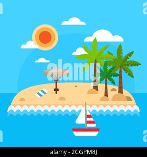 Summer vacation on sea background. Tropical island with palm trees, waves, sun, straw umbrellas, towel, sail ship, clouds. Bright travel summer island Stock Vector