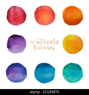 Colorful watercolor circles set. Watercolour stains on white background. Rainbow polka dots elements. Vector illustration Stock Vector