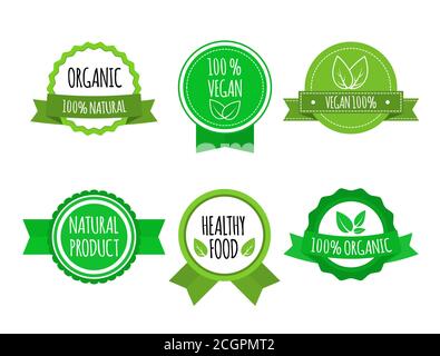 Set of bio healthy food badges on white background. Vegan, organic logos. Vector illustration Stock Vector