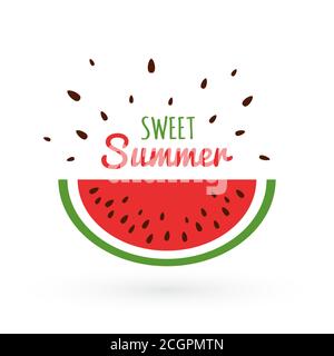 Watermelon slice with seeds isolated on white background. Sweet summer concept with bright watermelon. Summer background. Emotional print with red Stock Vector