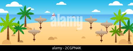 Summer beach background. Vector summer travel banner with waves, palm, straw umbrellas, sail ship, dolphins, clouds. Tropical beach background. Sea Stock Vector