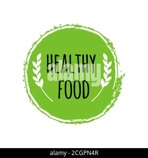 Healthy food logo. Green circle brush. Vegan badge Stock Vector