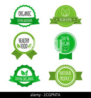Set of vegan badges, icons, labels. Organic, healthy food logos for cafe, restaurants, products packaging. Vector illustration Stock Vector
