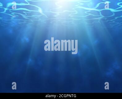 Underwater background with sun rays. Water surface texture. Realistic underwater design with ripple and waves. Vector illustration Stock Vector