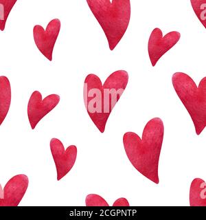 Watercolor heart pattern. Hand painted hearts on white background. Design for greeting cards, wedding, birthday, Valentines Day, Mother day. Vector Stock Vector