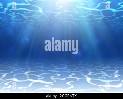 Realistic underwater design with ripple and waves. Underwater background with sunshine. Water surface. Vector illustration Stock Vector