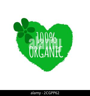 Organic food badge. Vegan menu. Heart brush shape with flower Stock Vector