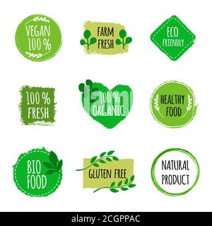 Set of vegan logos, badges, signs. Hand drawn bio, healthy food badges. Vegan logo. Vector illustration Stock Vector