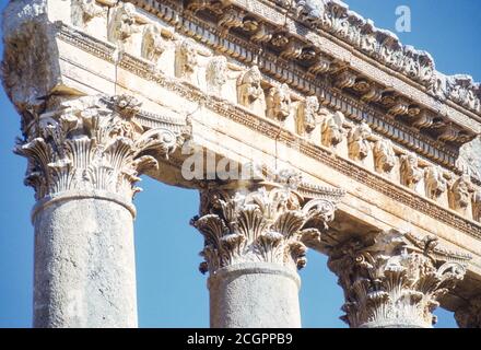 Baalbek, Lebanon. Corinthian Capitals Atop Columns of the Temple of Jupiter. Photographed November 1971. Stock Photo