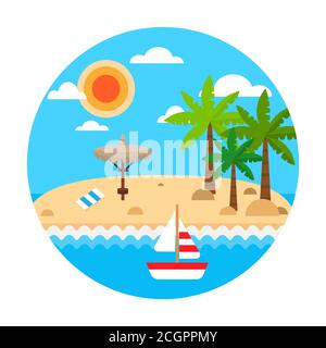 Travel concept. Summer holiday on sand beach. Vector summer travel banner with waves, palm, straw umbrellas, sail ship, clouds. Tropical beach Stock Vector