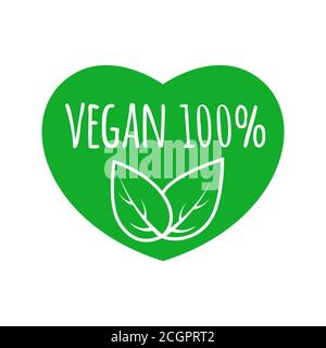 Vegan food sign with leaves in heart shape design. Vegan vector logo. Eco green logo. Raw, healthy food badge Stock Vector
