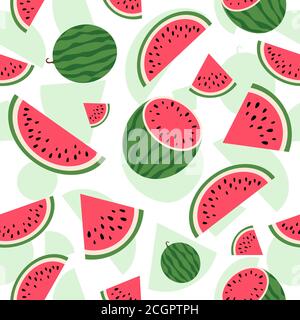 Watermelon seamless pattern. Summer background. Bright watermelon slices isolated on white background with shadows. Vector illustration Stock Vector