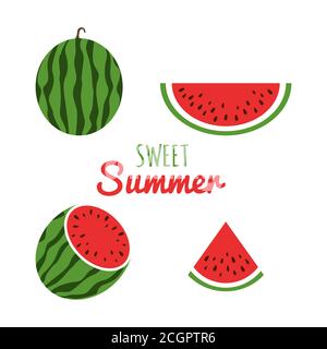 Juice watermelon set. Watermelon icon in a flat style. Red slices of watermelons. Sweet summer background. Vector illustration Stock Vector