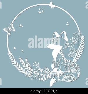 Fox in a round frame, with patterns, flowers, butterflies. Template for laser, plotter cutting, and screen printing. The pattern for the mirrors and p Stock Vector