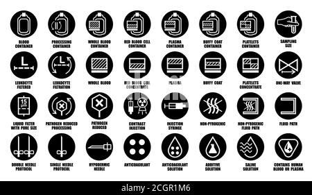 Full vector set of packaging icons for medical devices contain human blood, cells, plasma, platelets, leukocytes. Black package pictograms isolated on Stock Vector