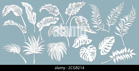 Set template for cutting. Palm leaves pattern. Laser cut. Vector illustration.. Stock Vector