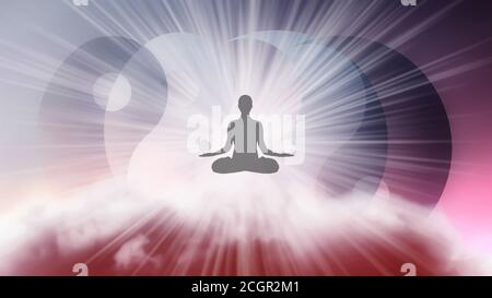 A silhouette of a man in a lotus position with arms spread apart, flying in the sky in a bright white sunlight on the background of the Yin-Yang symbo Stock Photo