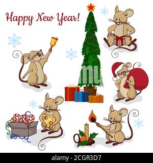 Vector illustration of cute mouse character ringing the bell. Vector cartoon stock illustration.Winter holiday, Christmas eve concept. For prints, ban Stock Vector