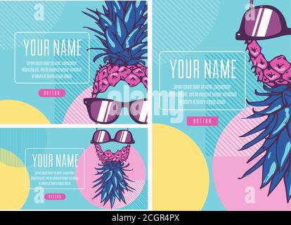cheerful pineapple in sunglasses, background - template design for poster, banner, social media post. Stock Vector