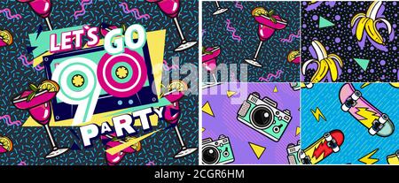Set of vector banners in trendy 80s-90s memphis style. with old-fashioned retro stuff with a game, vhs cassette, skate, stick candy, sneakers and an o Stock Vector