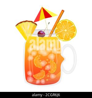 Rum punch cocktail isolated on white background. Tropical drink in glass with umbrella, ice and fruit. Planters punch alcoholic cocktail. Stock vector Stock Vector