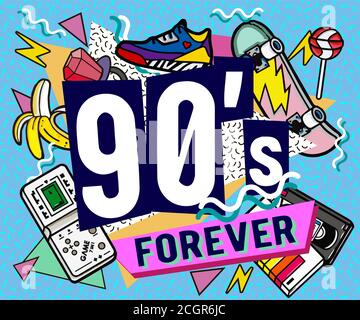 banners in trendy 80s-90s memphis style. with old-fashioned retro stuff with a game, vhs cassette, skate, stick candy, sneakers and an old audio casse Stock Vector