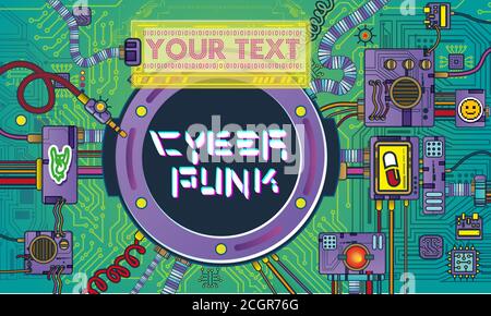 futuristic poster with retro games elements tech abstract poster template modern flyer, retro science cyberpunk robots mechanisms and machines details Stock Vector