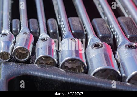 set of socket wrenches in a case,  close up of workers tools, selective focus Stock Photo