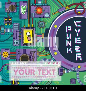 futuristic poster with retro games elements tech abstract poster template modern flyer, retro science cyberpunk robots mechanisms and machines details Stock Vector