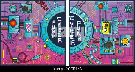 futuristic poster with retro games elements tech abstract poster template modern flyer, retro science cyberpunk robots mechanisms and machines details Stock Vector