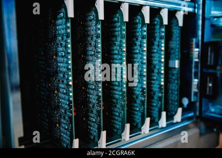 Close-up of microcircuit board for server computer, blue color Stock Photo