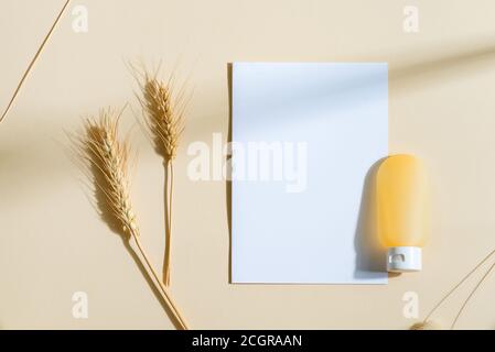 Blank mock-up paper card with bottle of cosmetic cleaning lotion made from natural ingredients and wheat ears on a pastel beige background with shadow Stock Photo