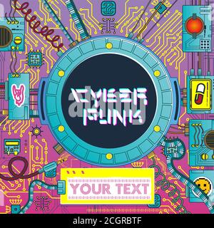 futuristic poster with retro games elements tech abstract poster template modern flyer, retro science cyberpunk robots mechanisms and machines details Stock Vector